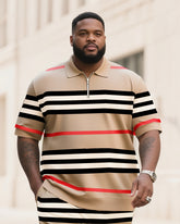 Big & Tall Men's Business Daily Casual Khaki Polo Shirt Retro Striped Short Sleeve Zipper Polo Shirt Shorts Suit